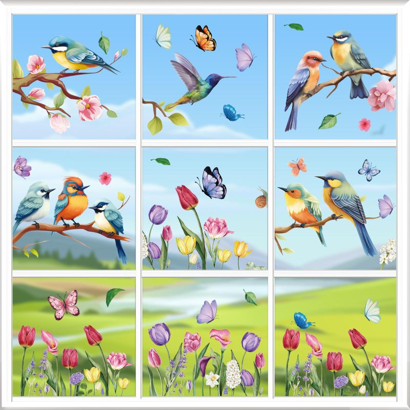 Photo 1 of 2 PACK - Spring Window Stickers 9 Sheets of Reusable Window Stickers Spring Easter Self-Adhesive Butterfly Flowers Window Sticker for Window Decor
