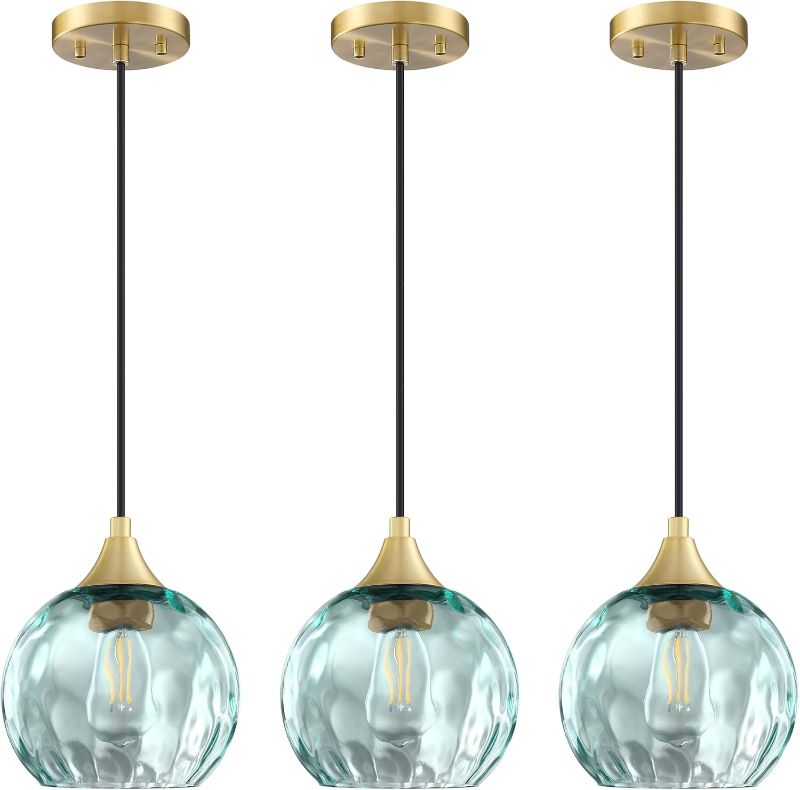 Photo 1 of 1 Light Hanging Indoor Kitchen Island Pendant Light 6.3" Hammer Glass Pendant Ceiling Light Fixtures Gold Finish Modern Farmhouse Dinning Over Sink (Ancient Green Glass, Gold 3 Pack)