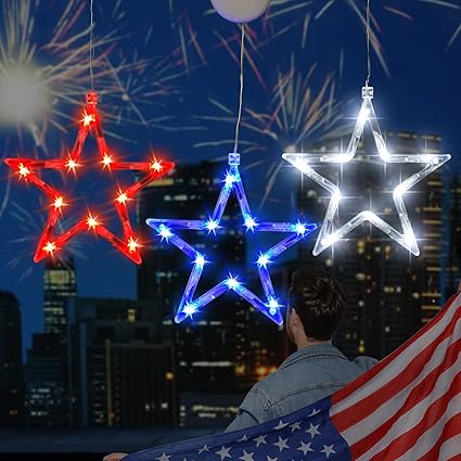 Photo 1 of 4th of July Window Lights - Zhenqiu 3 Pack Lighted Fourth of July Decorations with Suction Cups, Battery Operated Red White Blue Hanging Star Window Silhouette Lights for Independence Day Decor
