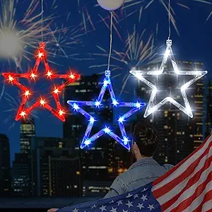 Photo 1 of 4th of July Window Lights - Zhenqiu 3 Pack Lighted Fourth of July Decorations with Suction Cups, Battery Operated Red White Blue Hanging Star Window Silhouette Lights for Independence Day Decor
