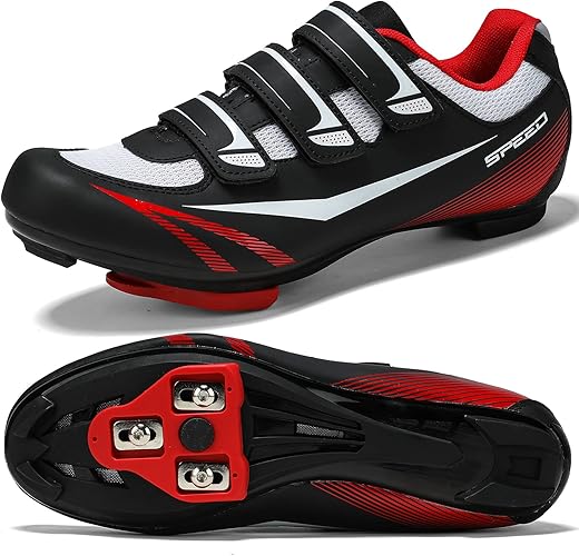 Photo 1 of [Size 8M/ 10.5W] Unisex Mens Womens Road Bike Cycling Shoes,Indoor Bike Shoes Compatible with Look Delta/SPD Cleats,Perfect for Road Racing Bikes-3 Straps Black and Red
