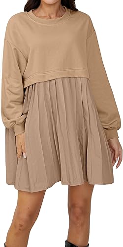 Photo 1 of [Size M] MISSACTIVER Women Oversized Sweatshirt Dress Patchwork Crewneck Long Sleeve Pullover Tops Flowy Pleated Sweatshirt Mini Dress Apricot