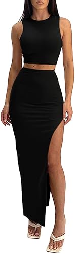 Photo 1 of [Size M] FAIMILORY Women's Summer Two Piece Dress Set, Long Skirt with Crop Tank Top 