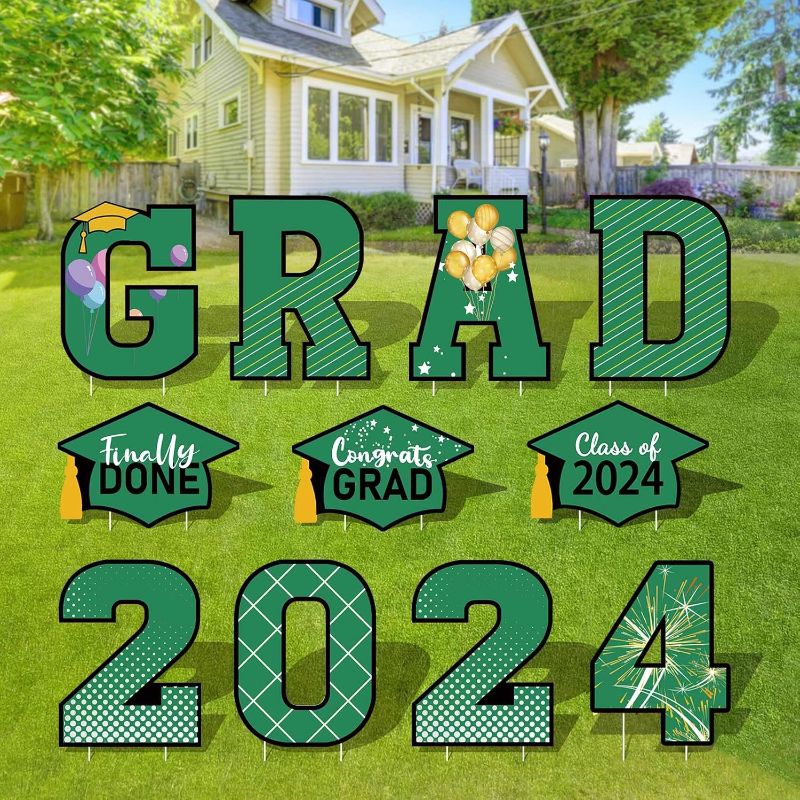 Photo 1 of 11 Pieces Graduation Yard Sign Decorations - Congrats Graduation Lawn Signs Class of 2024 Grad Yard Signs with 22 Stakes for Outdoor Congrats Graduation Party Decoration Supplies (Green) 