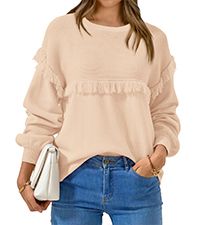 Photo 1 of [Size M] dowerme Women's Fall Sweaters 2024 Casual Lantern Sleeve Crewneck Chunky Pullover Loose Ribbed Knit Tassel Jumper Tops