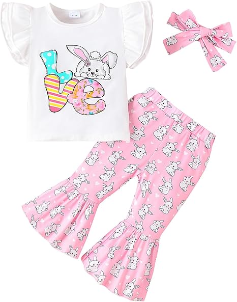 Photo 1 of [Size 12-18mo] GRNSHTS Toddler Baby Girl Easter Outfits Short Sleeve Bunny Print Shirt Tops+Flared Pants+Headband 3PCS Clothes Set 