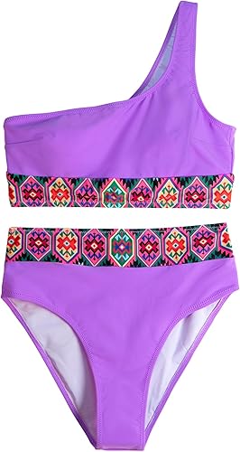 Photo 1 of [Size L] Hilinker Women's Boho One Shoulder 2 Piece Swimsuit Patchwork High Waisted Bikini Set 