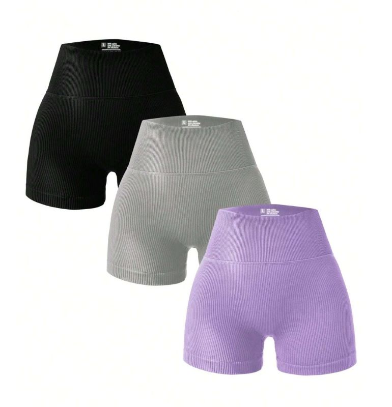 Photo 1 of [Size M] Sport Studio Solid Seamless Knitted Athletic Shorts, Suitable For Yoga Exercises- 3 Pack