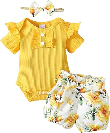 Photo 1 of [Size 3-6mo] Mioglrie Newborn Baby Girl Clothes Romper Shorts Set Cute Infant Summer Outfits Cotton Baby Clothes for Girls - Floral Yellow Light