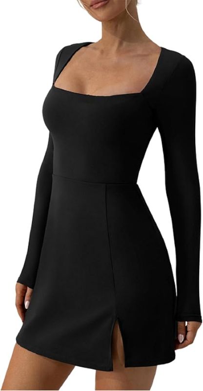 Photo 1 of [Size L] Cqinnifu Women's Long Sleeve Black Mini Dress Stretch Square Neck Dress Golf Athletic Dress Tennis Dress 