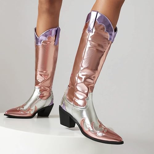 Photo 1 of [Size 9.5] YIYA Women's Multicolor Metallic Pink and Orange Cowgirl Cowboy Knee High Boots Pointed Toe Chunky Block Heel Western Boots Vintage Pull On Tabs Mid Calf Boot