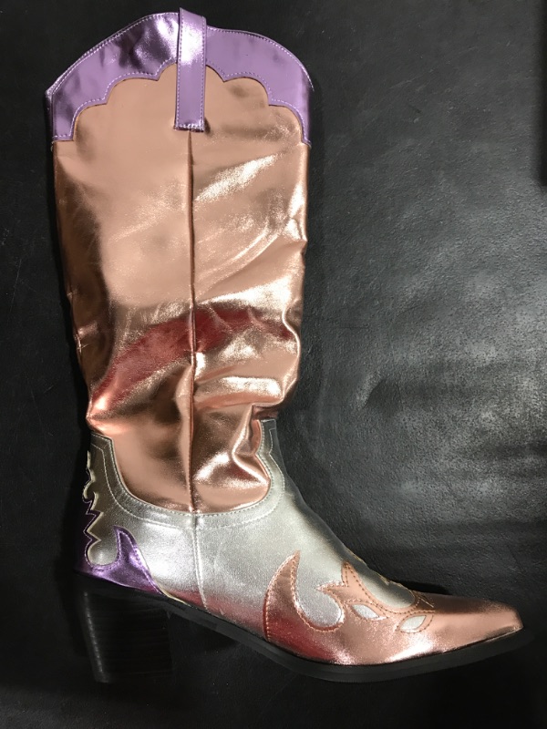 Photo 2 of [Size 9.5] YIYA Women's Multicolor Metallic Pink and Orange Cowgirl Cowboy Knee High Boots Pointed Toe Chunky Block Heel Western Boots Vintage Pull On Tabs Mid Calf Boot