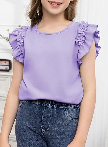 Photo 1 of [Size 4-5yrs] blibean Tween Girls 2024 Elegant Ruffle Short Sleeve Shirt -Purple