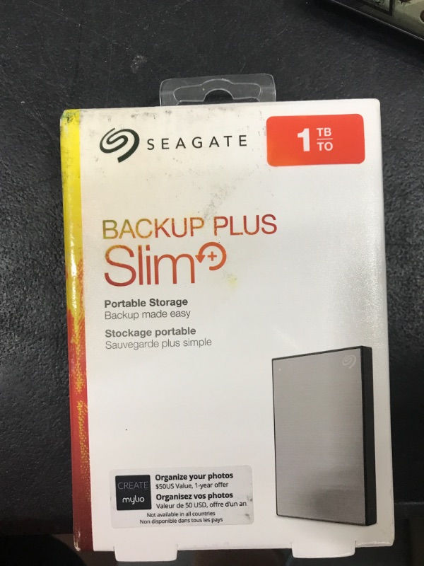 Photo 1 of Seagate Backup Plus Slim 1TB External Hard Drive Portable HDD – Silver USB 3.0 For PC Laptop And Mac, 1 year Mylio Create, 4 Months Adobe CC Photography, 1 year Rescue Service (STHN1000401)