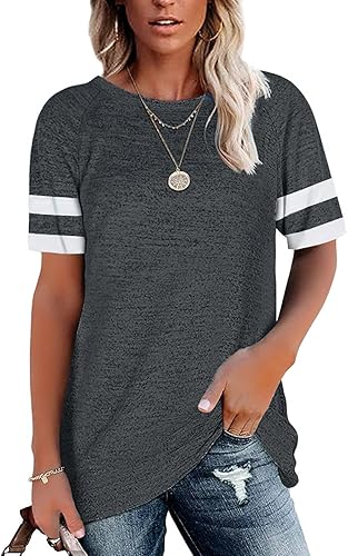 Photo 1 of [Size M] Esobo Womens T Shirts Short Sleeve Tunic Tops Loose Crewneck Color Block Casual Tee Shirts Blouses A-dark Gray 