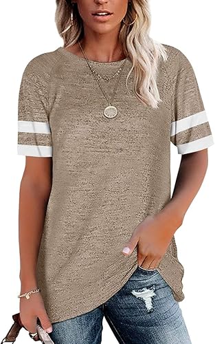 Photo 1 of [Size L] Esobo Womens T Shirts Short Sleeve Tunic Tops Loose Crewneck Color Block Casual Tee Shirts Blouses