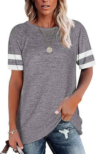 Photo 1 of [Size M] Esobo Womens T Shirts Short Sleeve Tunic Tops Loose Crewneck Color Block Casual Tee Shirts Blouses- Gray