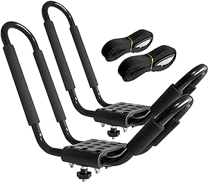 Photo 1 of HIGHRAZON Kayak Roof Rack, 1 Pair J-Bar Roof Rack with 2 Ropes. Heavy Duty Kayak Roof Carrier for Your Canoe SUV and Trucks