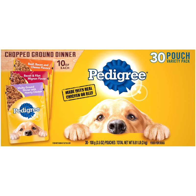 Photo 1 of 
PEDIGREE CHOPPED GROUND DINNER Adult Soft Wet Dog Food 30-Count Variety Pack, 3.5 oz Pouches (Pack of 30) Variety: Chicken & Beef 3.5 Ounce (Pack of 30)
BEST BY: 09/2024
