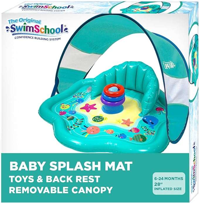 Photo 1 of SwimSchool Baby Splash Play Mat with Adjustable Canopy – Inflatable Play Pool for Babies & Infants with Backrest – Includes Baby Water Toy Rings
