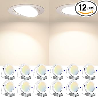 Photo 1 of Amico 12 Pack 6 Inch 5CCT Gimbal Slim LED Recessed Lights with J-Box, Airtight Directional Dimmable Downlight, 2700K/3000K/3500K/4000K/5000K Selectable, 15W=100W 1100LM, Angled canless Light -ETL&FCC 