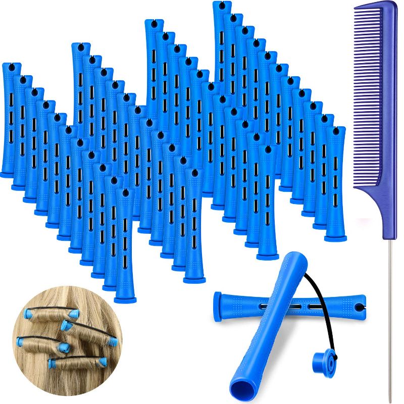 Photo 1 of 48 Pieces Hair Perm Rods Short Cold Wave Rods Plastic Perming Rods Hair Curling Rollers Curlers with Steel Pintail Comb Rat Tail Comb for Hairdressing Styling Supplies (0.35 Inch, Blue and Dark Blue)
