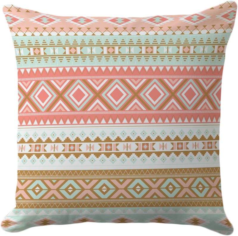 Photo 1 of 18 x 18'' Boho Throw Pillow Covers - Southwestern Tribal Geometric Aztec Design, Turquoise Rustic Decorative Cushion Case for Sofa, Couch, Bedroom Home Deco
