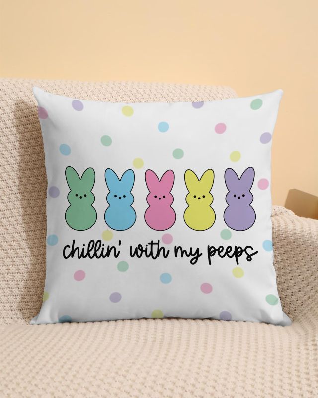 Photo 1 of 18x18 Inch Spring Easter Pillow Covers - 'Chillin with My Peeps' Colorful Bunny Rabbit Pattern, Soft Pastel Decorative Cushion Case for Sofa, Couch, Bedroom Home Decor
