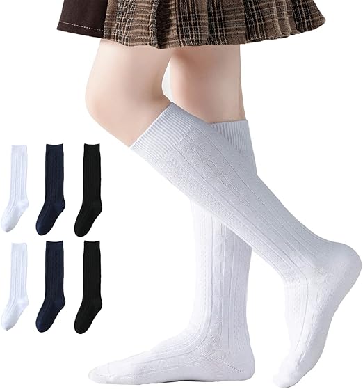 Photo 1 of 10-14yrs Girls Knee High Socks Kids Boys School Uniform Seamless Cable Knit Cotton Socks Stockings White Black Navy 3/6 Pack
