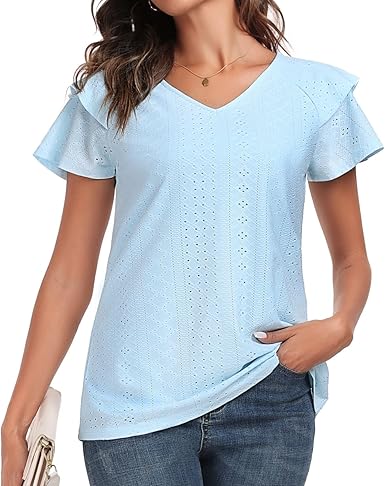 Photo 1 of [Size S] YVH Womens Eyelets V Neck Shirts Summer Ruffle Short Sleeve Dressy Casual Hollow Tunic Blouses https://a.co/d/77WVkNo