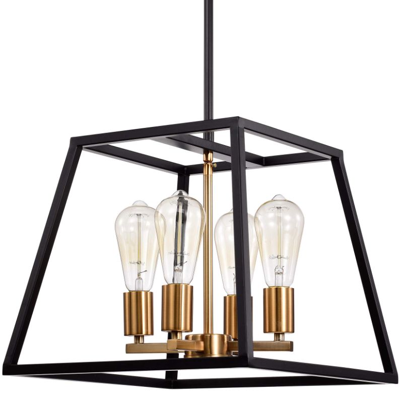 Photo 1 of ACLand 4-Light Chandelier Industrial Farmhouse Kitchen Island Pendant Light Fixture with Metal Frame in Matte Black and Polished Brass Finish for Living & Bedroom, Bar, Dining Room, Restaurant