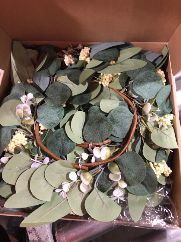 Photo 2 of 6 Pcs 12" Eucalyptus Wreath for Front Door Artificial Green Leaves Eucalyptus Wreath Farmhouse Spring Summer Wreath for Wedding Window Tabletop Decoration(Fresh)