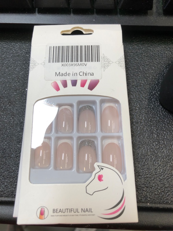 Photo 2 of 24Pcs French Tip Press on Nails Pink Fake Nails Medium Length Glue on Nails Square False Nails with Glitter Design White Acrylic Press on Nails Cute Artificial Nails Glossy Stick on Nails for Daily