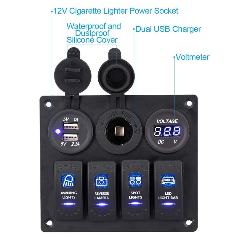 Photo 2 of Waterproof Boat Rocker Switch Panel Aluminium Panel with 12V Voltmeter 3.1A Dual USB Cigarette Lighter Socket 4 Bang Boat Switch Panel for Car Boat
