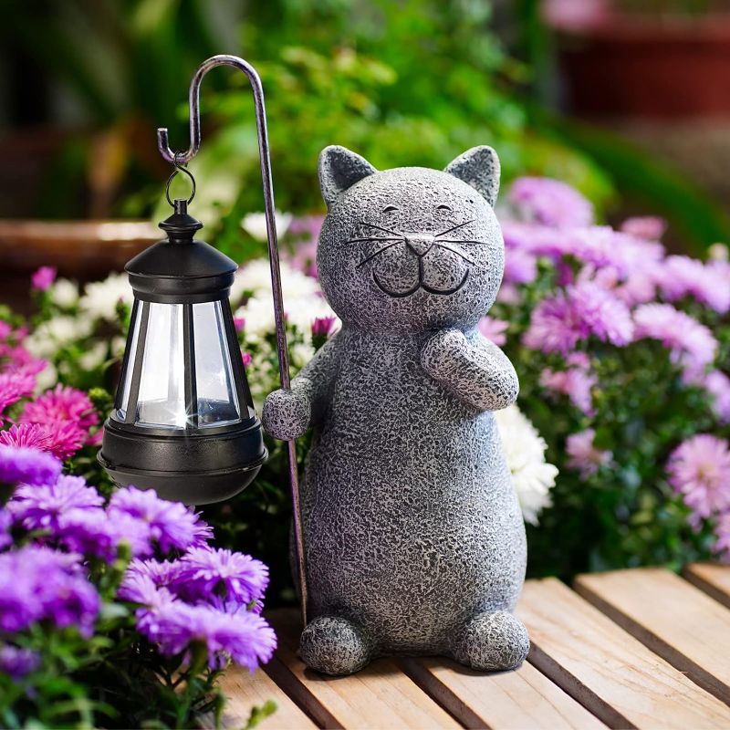Photo 1 of Solar Garden Statue Cat Figurine- Garden Art with Solar Lantern, Loving Cat for Patio,Balcony,Yard, Lawn-Unique Housewarming Gift for Garden Mom Grandma
