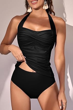Photo 1 of Womens Halter Tankini Bathing Suit Ruched Tummy Control Two Piece Swimsuit with Bottom, SIZE L