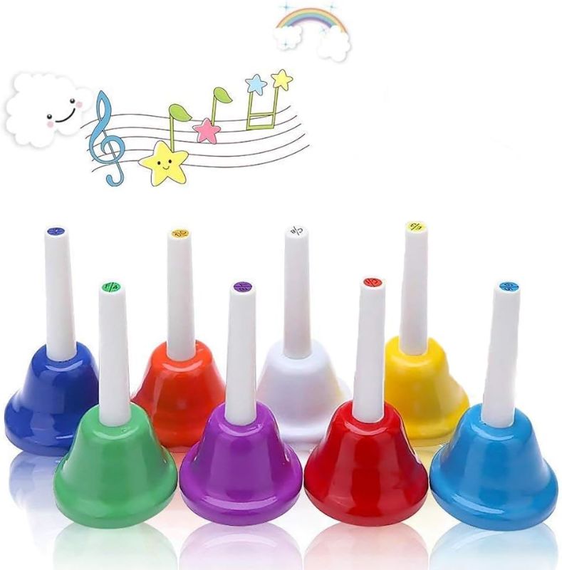 Photo 1 of Koogel Coloful Musical Hand Bell Set, 8 Note Diatonic Metal Hand Bells Musical Toy Percussion Instrument for Festival,Musical Teaching,Family Party for Kids
