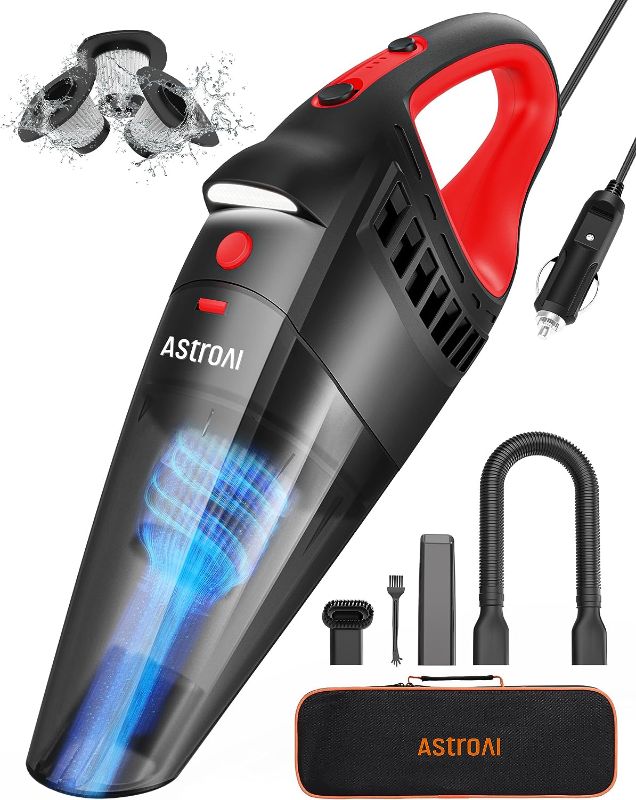 Photo 1 of AstroAI Car Vacuum, Car Accessories, Portable Handheld Vacuum Cleaner with 12V DC Power,16.4 Ft Cigarette Lighter Cord,LED Light,Car Cleaning Kit with 3 Filters for Quick Cleaning(Red)
