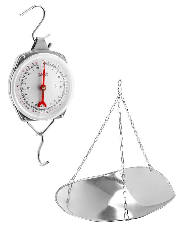 Photo 1 of QWORK 110 lbs Large Display Spring Dial Weight Scale & Scale Scoop/Chain with Hanging Cradle, Steel Construction, for Shopping, Traveling, Kitchen, Silver
