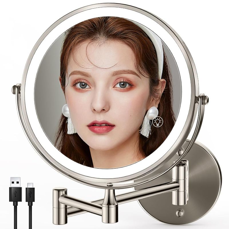 Photo 1 of 8 Inch Rechargeable Wall Mounted Makeup Mirror Height Adjustable, Double Side Dual-Touch 1X/10X Magnifying Mirror with Light, 3 Color Lights 360°Swivel Extendable Bathroom Mirror  silver 8 inches