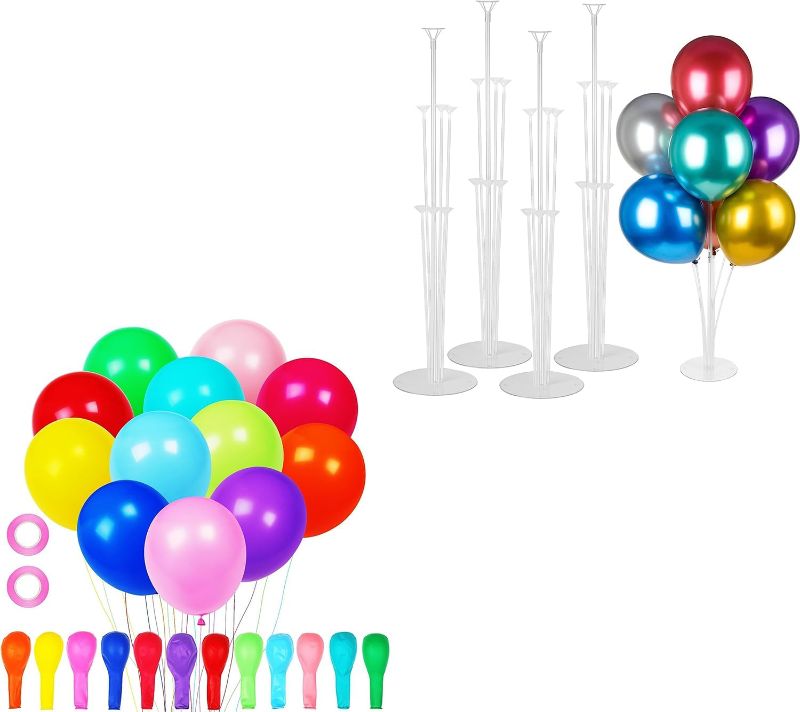 Photo 1 of 4 Sets Balloon Stand Kits with 105pcs Colorful Balloons, Balloon Sticks Holder with Base for Table Graduation Birthday Baby Shower Gender Reveal Party Decorations
