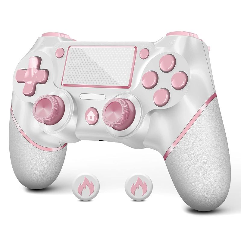 Photo 1 of AceGamer Wireless Controller for PS4, Custom Design V2 Gamepad Joystick for PS4 with Non-Slip Grip of Both Sides and 3.5mm Audio Jack! Thumb Caps Included! (Pink-White)
