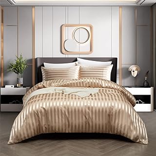 Photo 1 of RevenRella 3 Piece Satin Duvet Cover Set Bedding Sets Italian Style 1800 Series Luxury Rich Silk Silky Super Soft Stripes Hidden Zipper Closure Reversible Wrinkle Free Honeymoon(Taupe, Queen) https://a.co/d/0UaLrtj