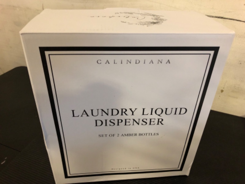 Photo 1 of Calindiana Modern Farmhouse Liquid Laundry Detergent and Fabric Softener Dispenser for Laundry Room Decor and Organization, PET Plastic Landry Soap Containers with Water Resistant Labels, Amber 64oz DETERGENT/SOFTENER Amber Bottles/White Labels