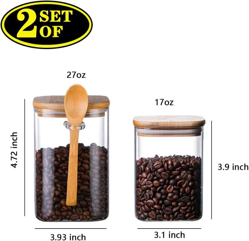 Photo 1 of Oidium Set of 2 Square Glass Jars with Bamboo Lids and Spoons?33oz/17oz?,Coffee Bean Storage,Glass Food Storage Containers for Nuts,Cookies,Coffee Beans,Cereal,Tea Storage Clear 2Packs(33oz/17oz)