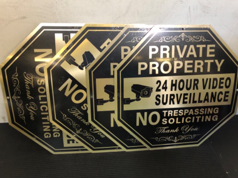 Photo 2 of Hicarer 4 Pcs No Trespassing Sign 10 x 10 Inch Private Property Signs 24 Hours Video Surveillance Sign Aluminum Security Signs No Soliciting Signs for Indoor Outdoor Yard House Fence Supplies