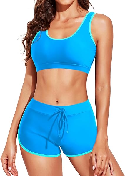 Photo 1 of Large  Tempt Me Women Two Piece Sports Bikini Athletic Swimsuits Racerback Crop Top with Boy Shorts Bathing Suits for Girls Vests
