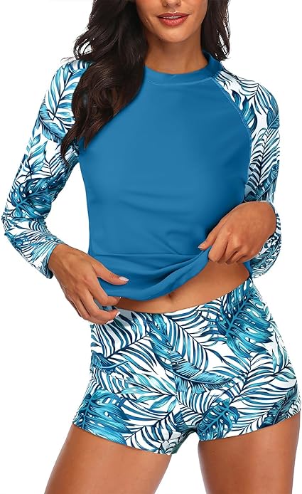 Photo 1 of large  Daci Women Two Piece Rash Guard Long Sleeve Swimsuits UV UPF 50+ Swim Shirt Bathing Suit with Boyshort Bottom

