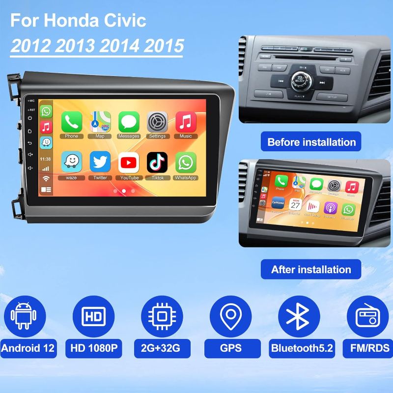 Photo 1 of Android 12 Car Stereo for Honda Civic 2012-2015, 9 Inch GPS Navigation Touch Screen Radio Support Wireless CarPlay&Android Auto/ Bluetooth5.2/ Voice Contro/l WiFi/FM/Backup Camera/SWC,2+32GB