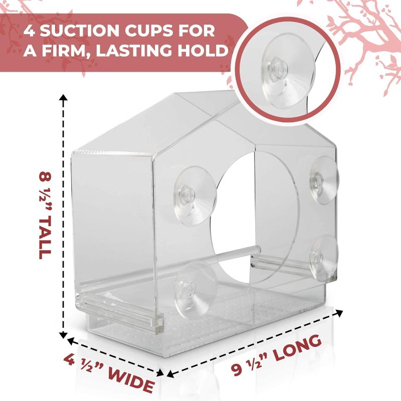 Photo 1 of Bird House Window Bird Feeder with 4 Super Strong Suction Cups & Locking, Sliding Seed Tray, Extra Large, Clear Acrylic, Outdoor Bird Feeders, Outside View of Cardinal and Blue Jay
